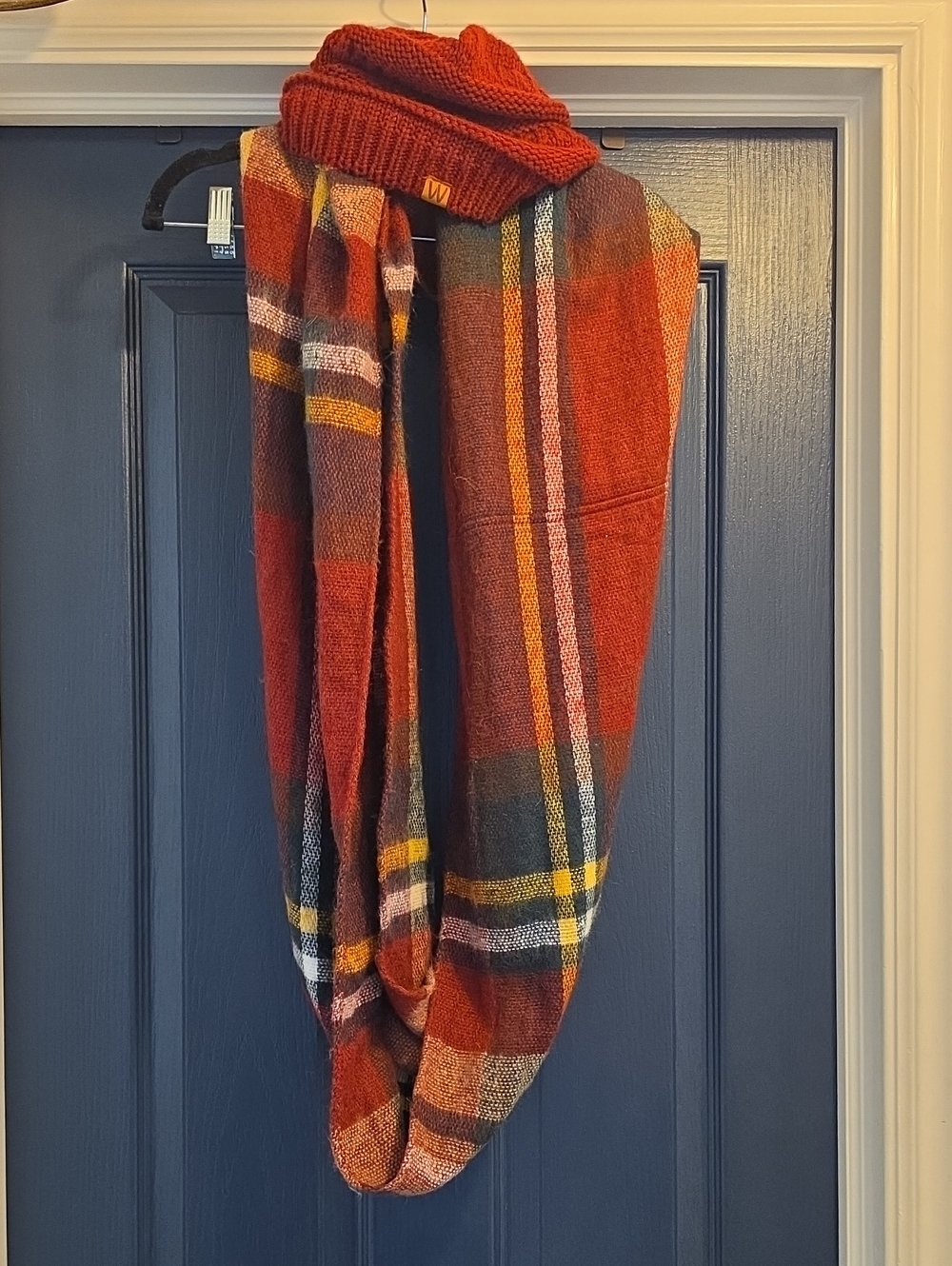Maroon Plaid Knit Infinity Scarf and Wrapables Beanie Set — Cozy Fall Accessory